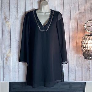 Halo Dress womens Tunic Beaded embroidered V Neck witchy chiffon Boho NWT Black